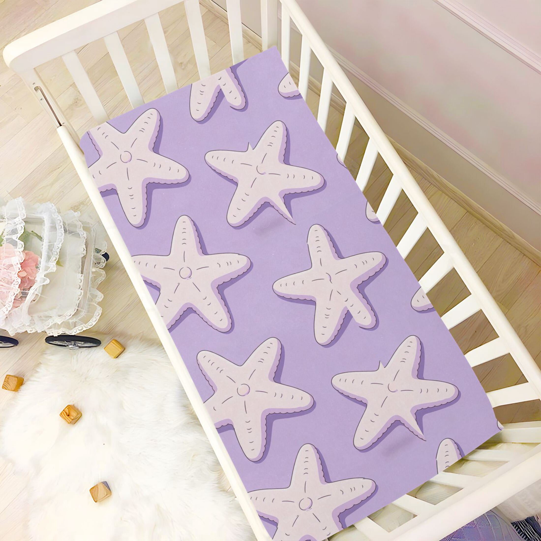 Baby Essentials 52”x 28”- Standard Cotton-like Modal Elastic- Purple Starfish Design Crib Sheets for Newborns and Toddlers