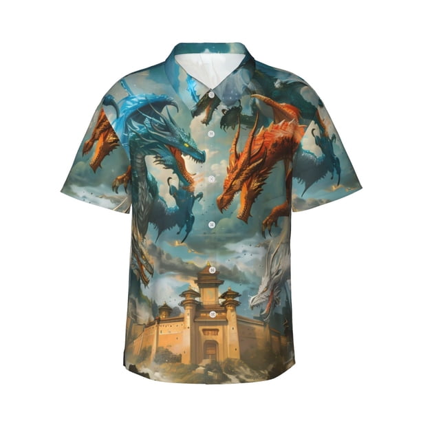 Fotbe Red Blue Dragon Battle Epic Camisa Hawaiana para Hombre Unisex – Camisa Casual de Verano con Botones de Manga Corta de Algodón y Lino,XX-Large