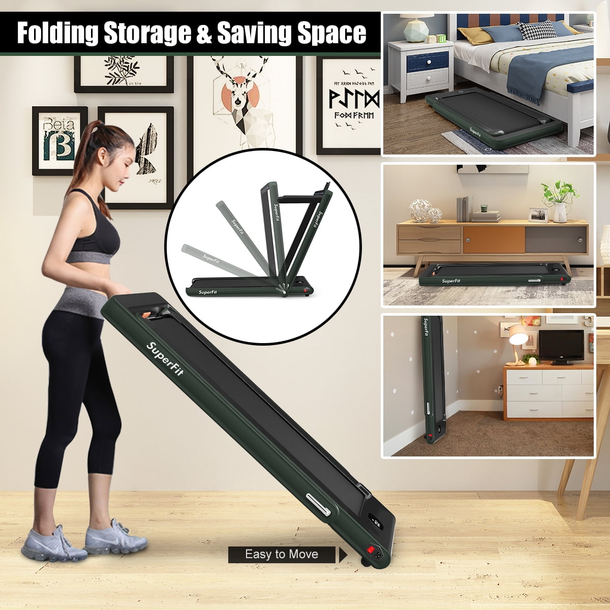 Gymax 2 in 1 Folding Treadmill 2.25HP Running Machine w/ Dual Display Green