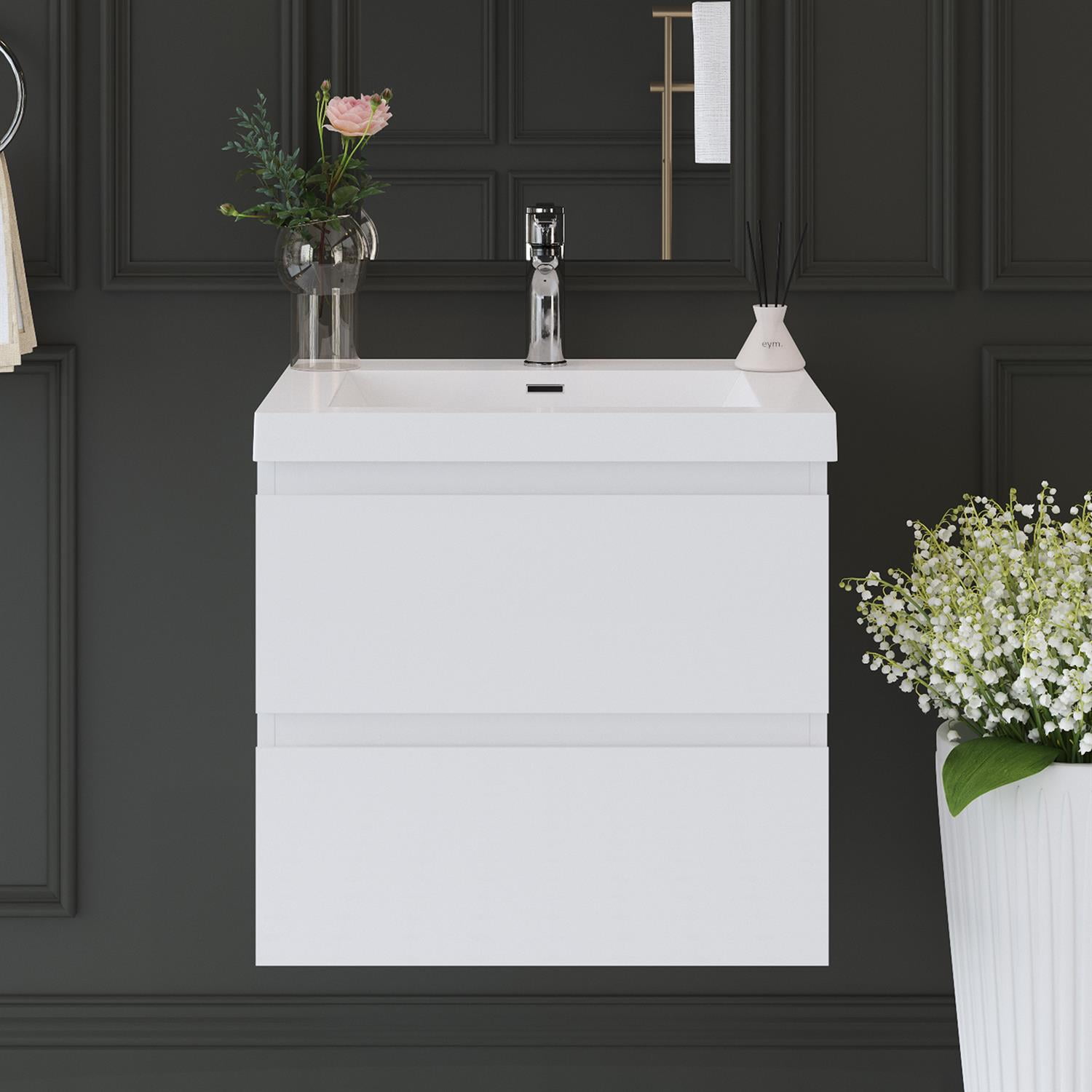 Demi Bonn 24" Floating Bathroom Vanity with Sink, Resin Top Basin and 2 Soft Close Drawers, Faucets and Drains Not Included, White