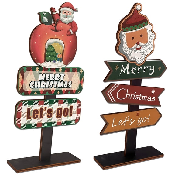 Christmas Table Decorations, 2 PCS Christmas Wooden Tabletop Decor, Santa Claus & Gnome Direction Signs, Merry Christmas Tabletop Ornaments, Standing Desk Decor for Holiday Party Centerpieces