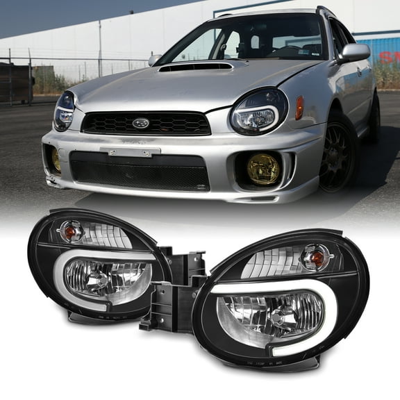 AKKON - For 2002 2003 Subaru Impreza Outback / RS / TS / WRX (Halogen Type) LED DRL Black Headlights Lamps Pair