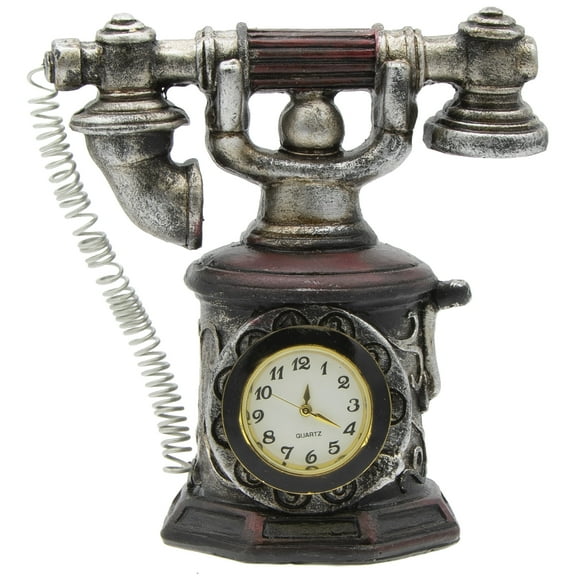Retro Miniature 3-1/2" Resin Telephone Figurine with Quartz Clock
