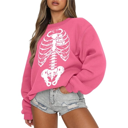 WEIWEN Halloween Sweatshirt Women Plus Size Trendy Casual Skeleton Graphic Pullover Sweater Women Fall Outfits Long Sleeve Tops Womens Fashion Clothing Pink S