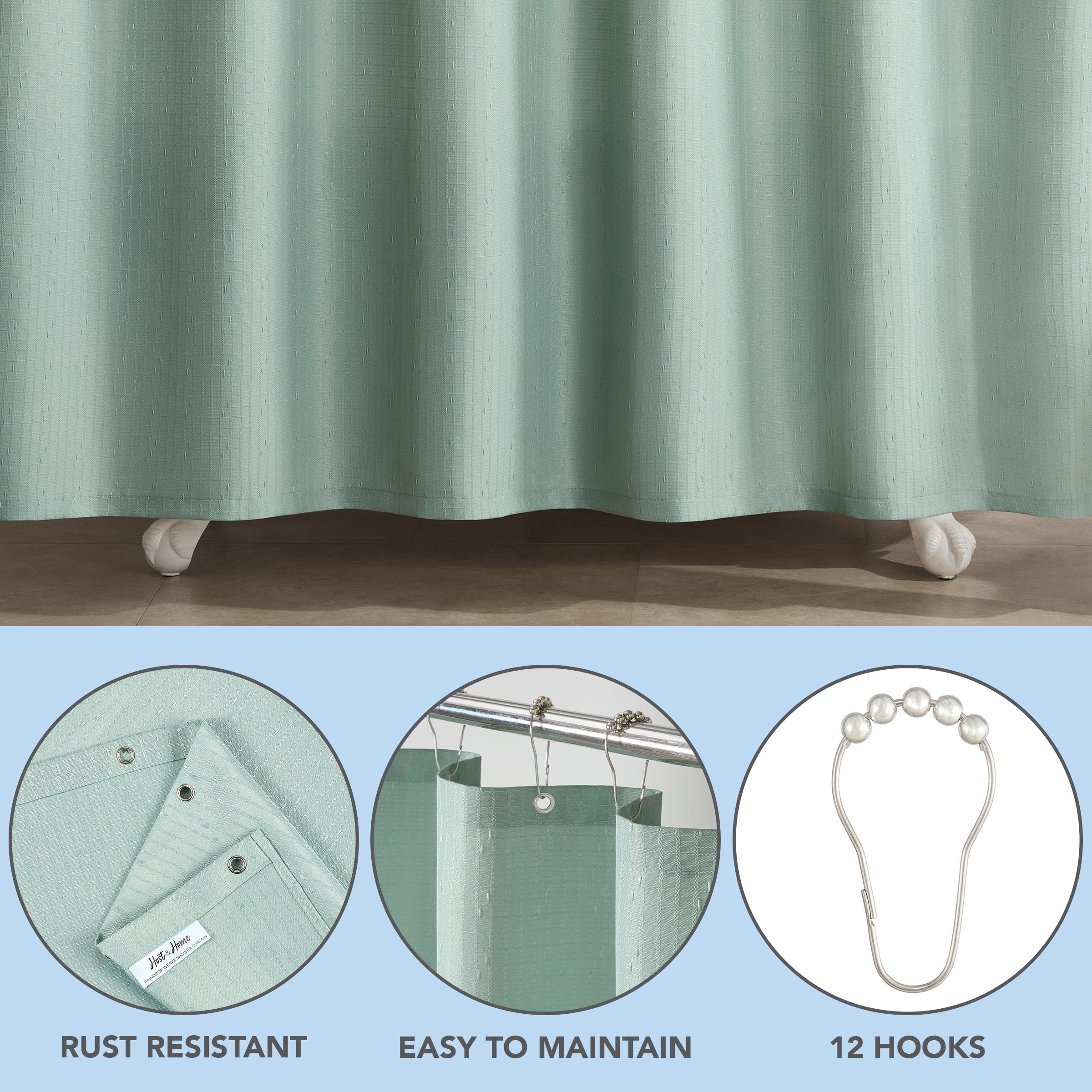Host & Home Shower Curtain Set (Bulk Case of 12) - 72x72, Raindrop Pattern, Silt Green
