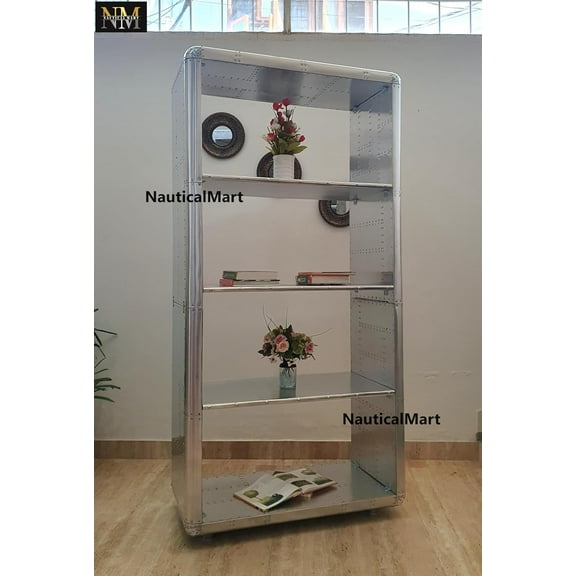 NauticalMart Aluminum Aviator Industrial Metal Bookcase - Silver Home Office Furniture Decor
