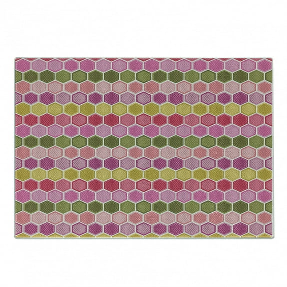 Geometric Cutting Board, Abstract Cells from Hexagon Shapes in Colors with Polka Dots, Decorative Tempered Glass Cutting and Serving Board, in 3 Sizes, by Ambesonne