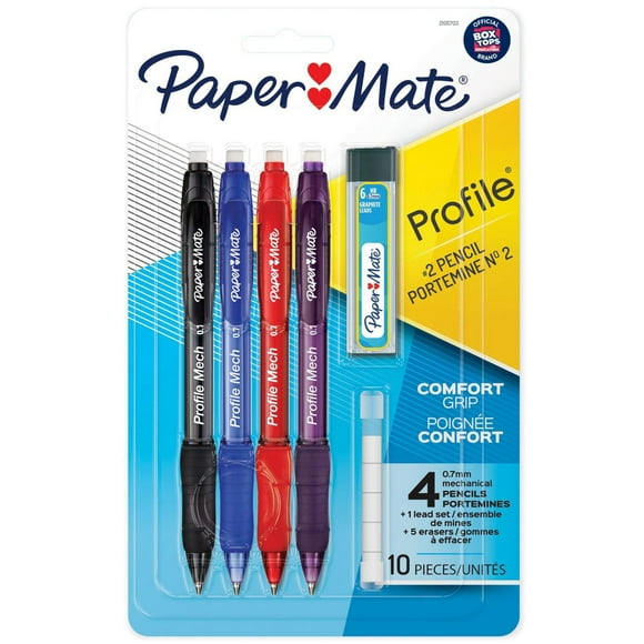 Paper Mate Profile Mech Mechanical Pencil Set, 0.7 mm #2 Pencil Lead, Includes Lead and Eraser Refills, Assorted Barrel Colours, 4 Count