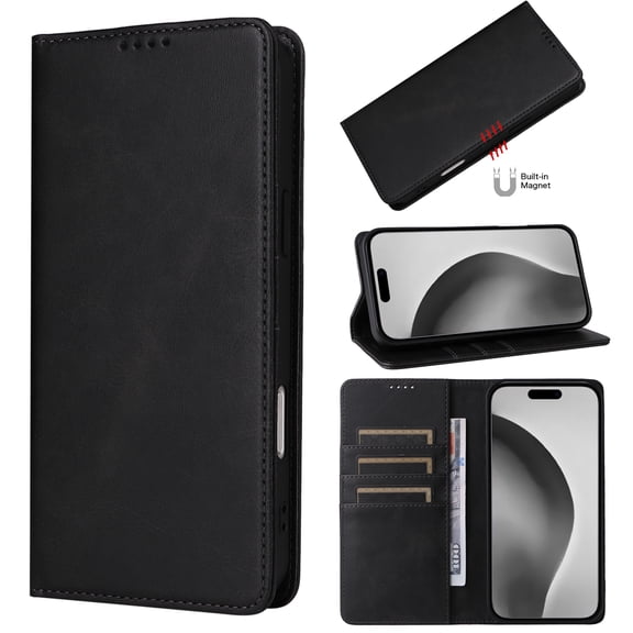 For iPhone 17 Pro Max Case, Premium PU Leather Wallet Folio Cover with RFID Blocking Card Holders and Kickstand, Shockproof Full-Body Protective Flip Magnetic Closure Phone Case,Black