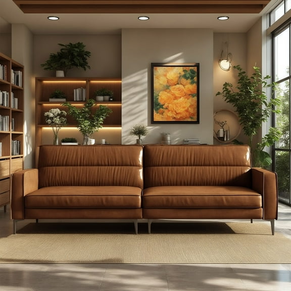 gaoyangjiaju Vintage Mid-Century 3-Seater Leather Sofa – 86.61" W Brown Couch with Metal Legs, Removable Backrest