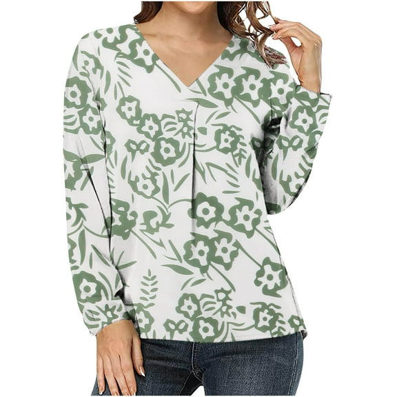 OAVQHLG3B Women Fashion Casual Floral Print V-Neck Loose Long Sleeve T-shirt Top Blouse Pullover