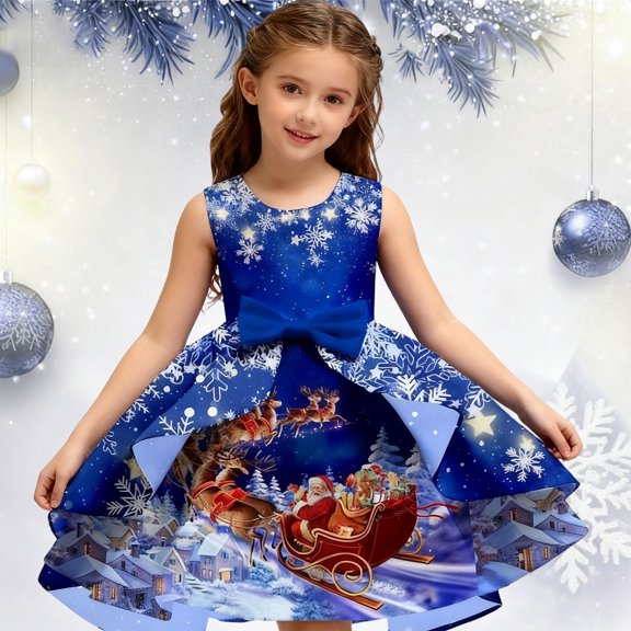 Big Girls Dress Print Design Bowknot Graceful Elegant Gown Classic for Pageant Comfortable Dress Set