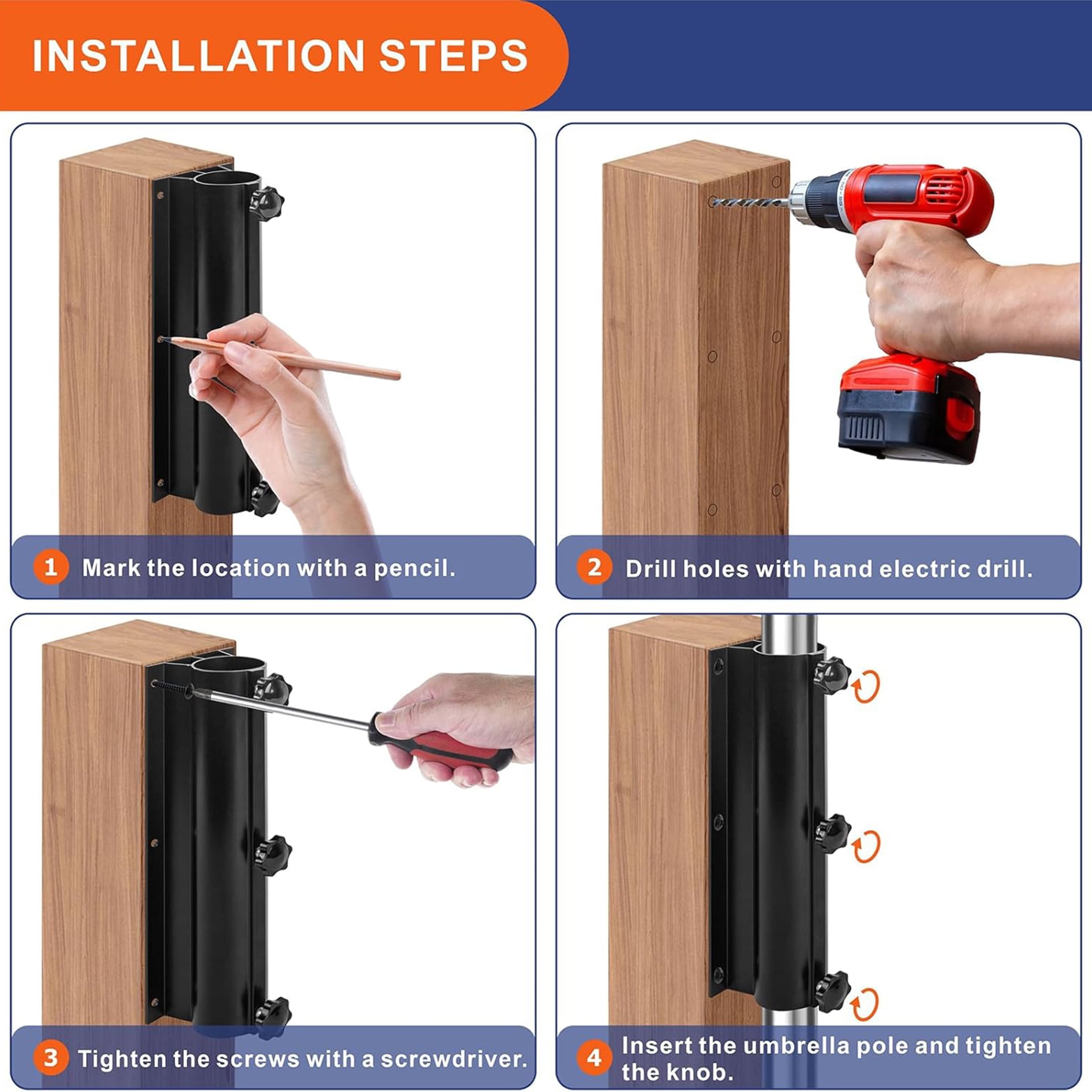 VANROUG Patio Umbrella Holder, Umbrella Clamp Mount Bracket, Outdoor Umbrella Base, Deck Mount Umbrella Stand, Attaches to Railing Maximizing Patio Space and Shade