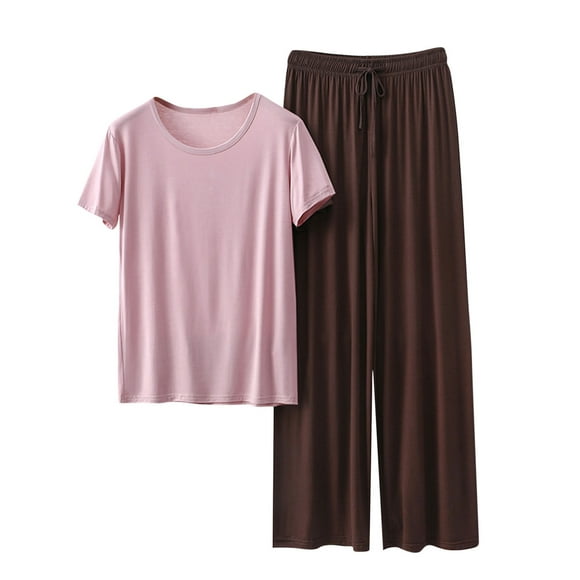 Tumotour Pajamas Set for Women 2 Piece PJ Sets Modal Short Sleeve Round Neck T-Shirt Loungewear with Long Wide Legs Long Pants Solid Color Top for Summer Sleepwear Causal Home Clothes Sleep Nightwear