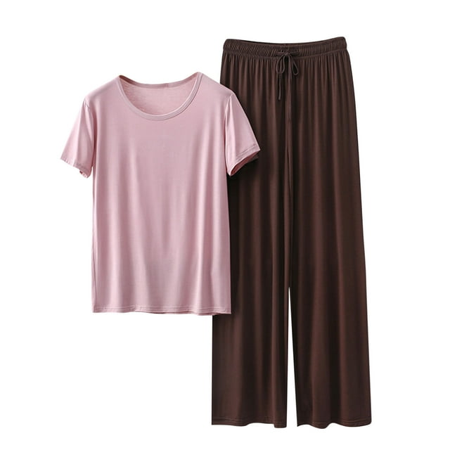 Timegard Ensemble 2 Pcs pour Femmes Col Rond Manches Courtes Tee Pantalon Large Tenues d'Été