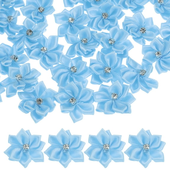 Uxcell 100-Pack Satin Ribbon Flowers, 1.2 Inch Mini Fabric Flowers with Rhinestones for Crafts and DIY Projects Blue