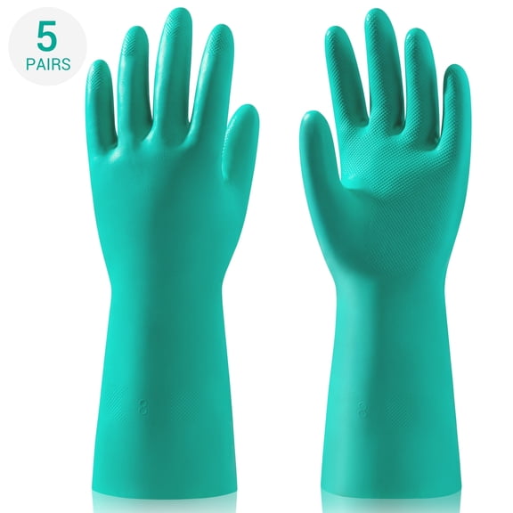 ThxToms 5 Pair Heavy Duty Cleaning Gloves, Latex Free Reusable Nitrile Chemical Resistant Gloves (Medium)