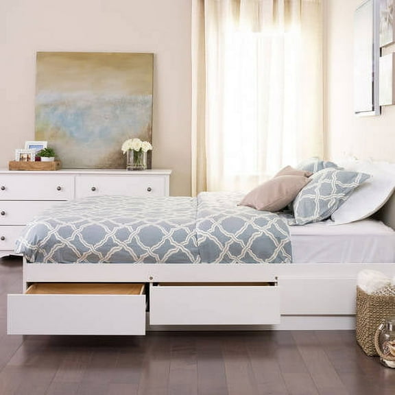 Queen Contemporary Wood Platform Bed with Storage, White