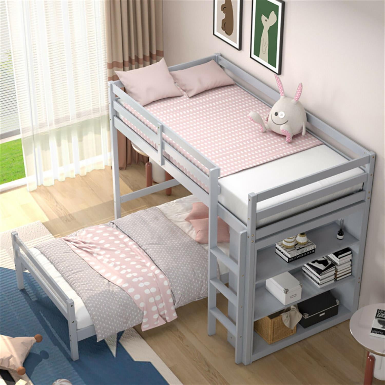 Demi Bonn Twin Over Twin Loft Bunk Bed with Bookcase, Twin Bunk Beds, Space-saving Solid Wood House Bed Frame, Gray