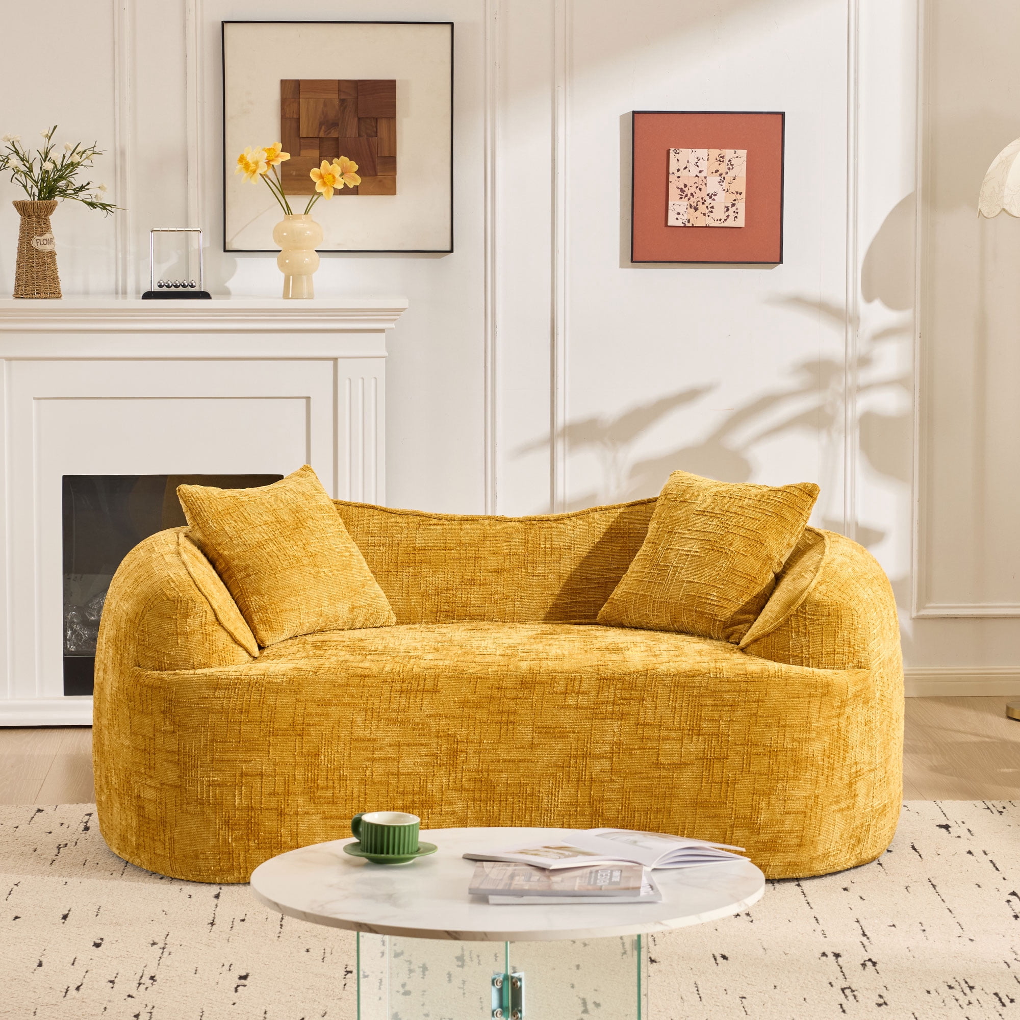 Leumius 66" 2 Seater Sofa Compress Sofa with Armrests & 2 Pillows,No Assembly Required,Compact Sofa Couch for Small Apartments,Living Room,Bedroom,Yellow