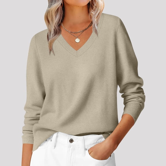 Womens Long Sleeve Sweaters Fall Trendy V Neck Solid Color Cozy Sweater Casual for Work Travel Vacation Daily Wear Khaki M