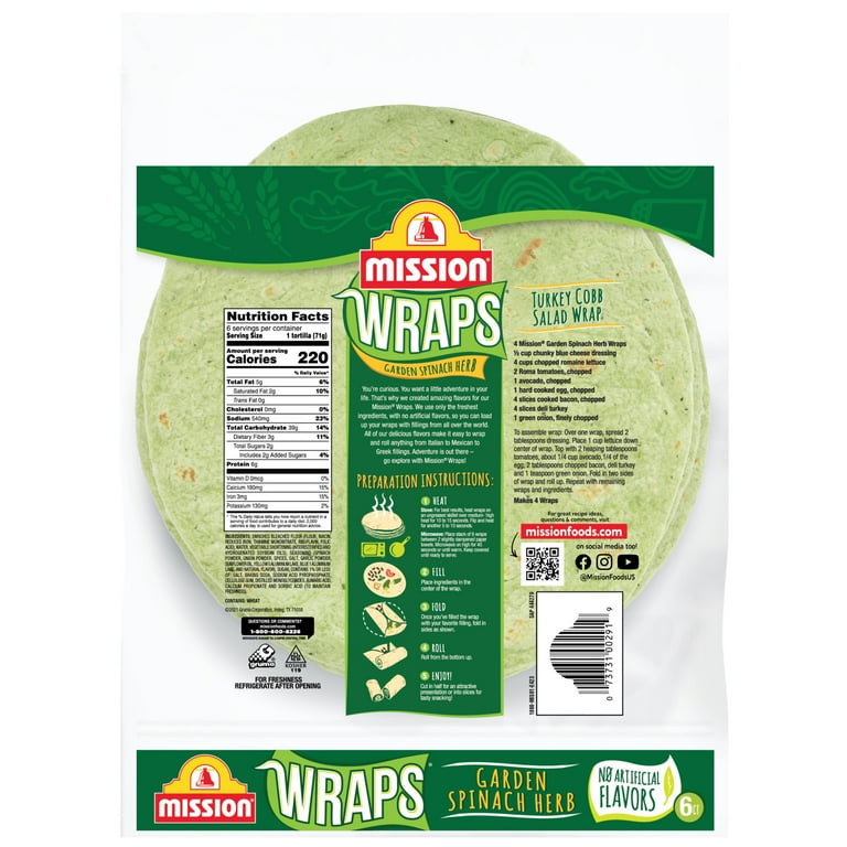 Mission Garden Spinach Herb Wraps, 15 oz, 6 Count