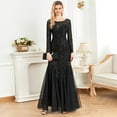 thumbnail image 3 of Women's Elegant A Line Crew Neck Long Sleeves Sequin Maxi Evening Dress Wedding Guest Dress Bridesmaid Dress, 3 of 5