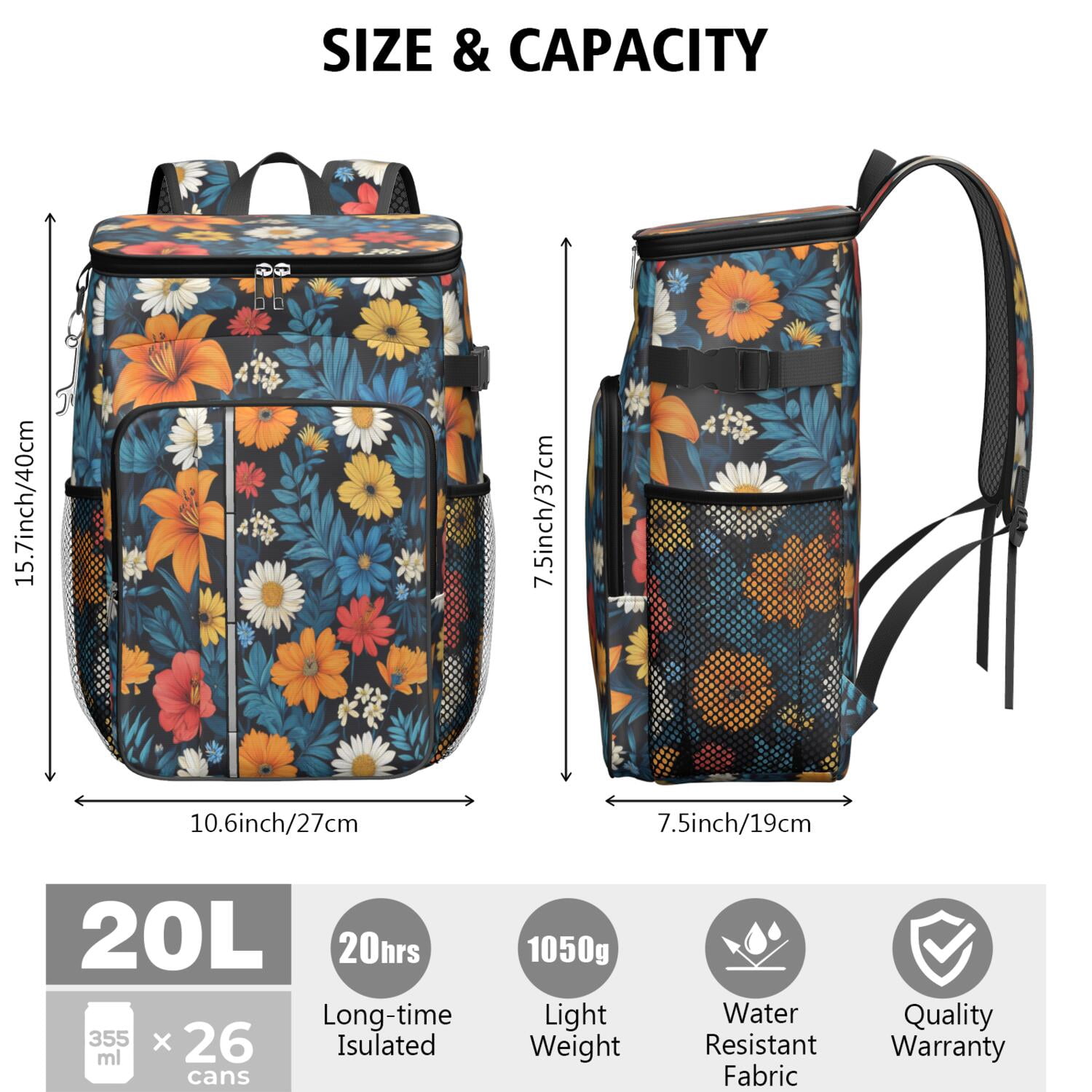 Travel Cooler Bag - Colorful Floral Pattern Camping Beer Cooler Backpack with Bottle Opener- Waterproof Insulated Picnic Backpacks - Cooler Bag for Beach