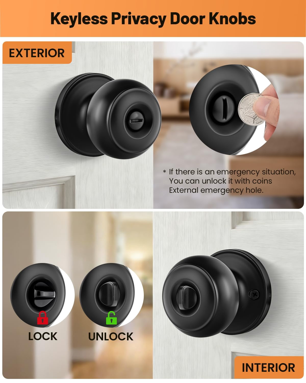 Black Door Knobs, 10 Pack Privacy Door Knobs Interior Door Knob for Bedroom/Bathroom Keyless Doorknobs Interior/Exterior Lockset, Black Modern Design Door Hardware