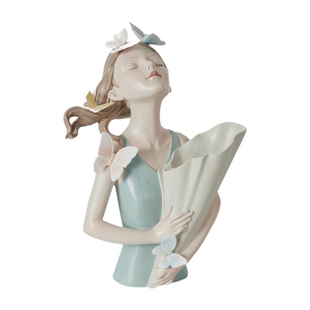 Jarrón de estatua femenina, figura de niña moderna, maceta de resina elegante, maceta de escritorio, figuritas de niña, florero para decoración de Azul cian