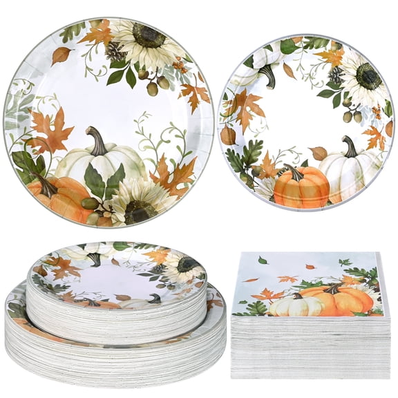 Ktinnead 200 PCS Fall Paper Plates and Napkins Thanksgiving Themed Fall Party Supplies Disposable Dinnerware Set for Dinner Party