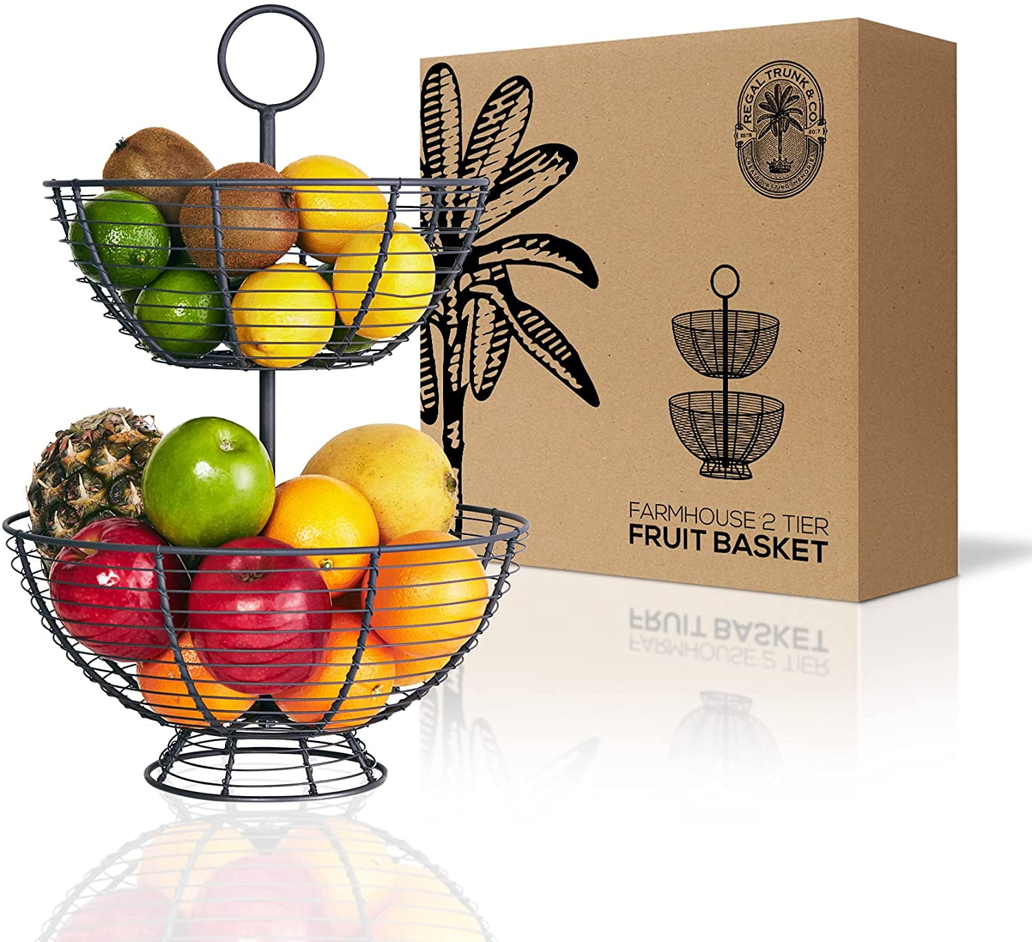 Regal Trunk & Co. Farmhouse Fruit Basket Stand for Kitchen Counter Top, Fruit and Vegetable Storage Basket, 2 Tier