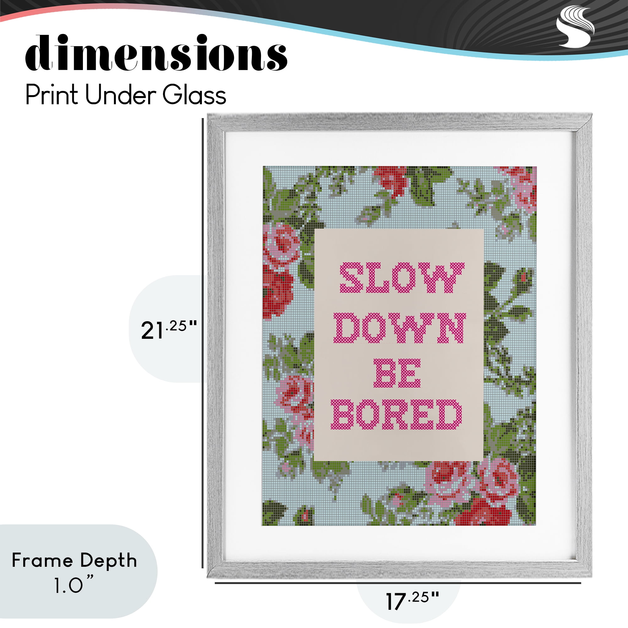 Stupell Industries Slow Down Be Bored Faux Cross Stitch Gray Framed Print Under Glass, design by Lil' Rue