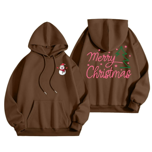 WILLBEST Sudaderas Deportivas para Mujer, Camiseta de Feliz Navidad para Mujer, Sudadera con Estampado de Letras y Árbol de Navidad, Sudadera con Capucha Navideña X-Grande