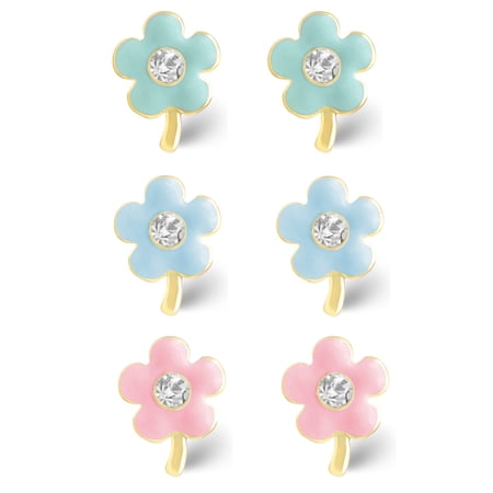 3 Pairs Gold Plated Sterling Silver Blue, Mint Green, and Light Pink Pastel Enamel Crystal Stem Flower Stud Earrings - Age 4+
