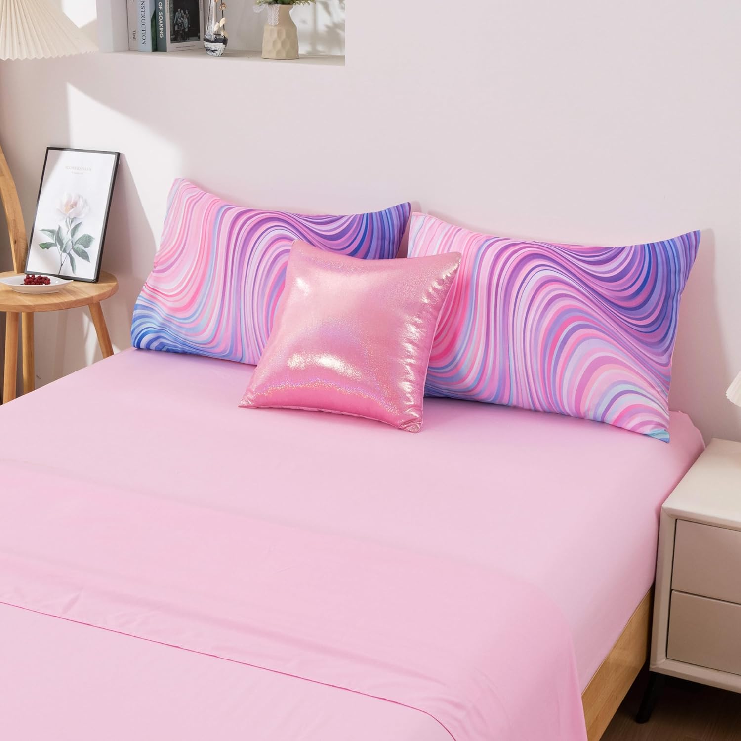 6 Pieces Gradient Star Ring Comforter Set, Colorful Glitter Rainbow Wave Stripes Pattern Bedding Set for Boys Girls Teens, Twin Drak Purple
