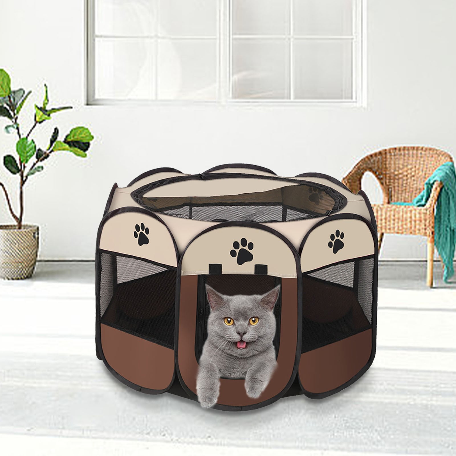 HHBEAUTY Portable Pet Cat Playpen for Indoor Cats Enclosed, Foldable Small Dog Puppy Playpen Crate Kennel Cage Outdoor with Top Roof, Pop Up Collapsible Kitten Play Pen Tent for Camping RV