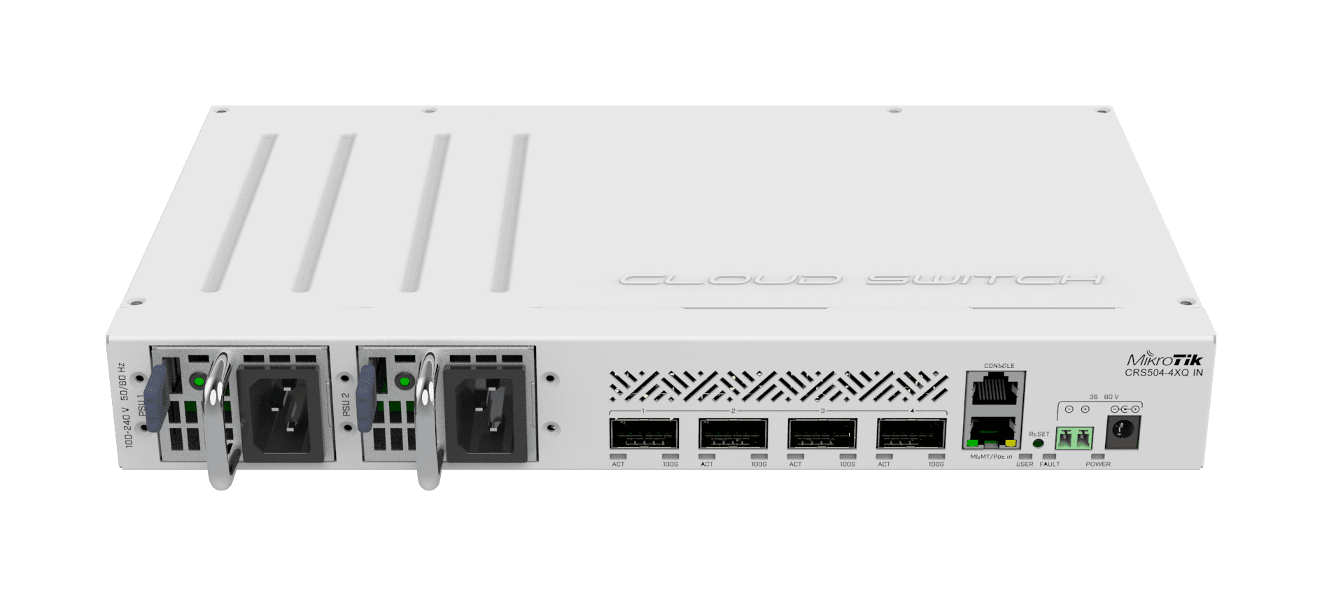 MikroTik CRS504-4XQ-IN Cloud Router Switch 650MHz 4xQSFP28 Compatible with 40G, 25G, 10G, and 1G Fiber Connections.