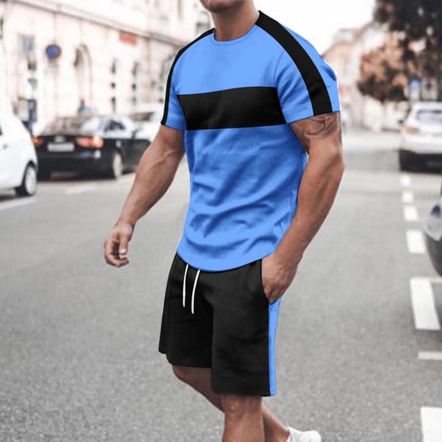 NTACZA Crew Neck 2 Piece Men Shorts Set Short Sleeve Tracksuits Athletic Men's Color Block Sweatsuits L