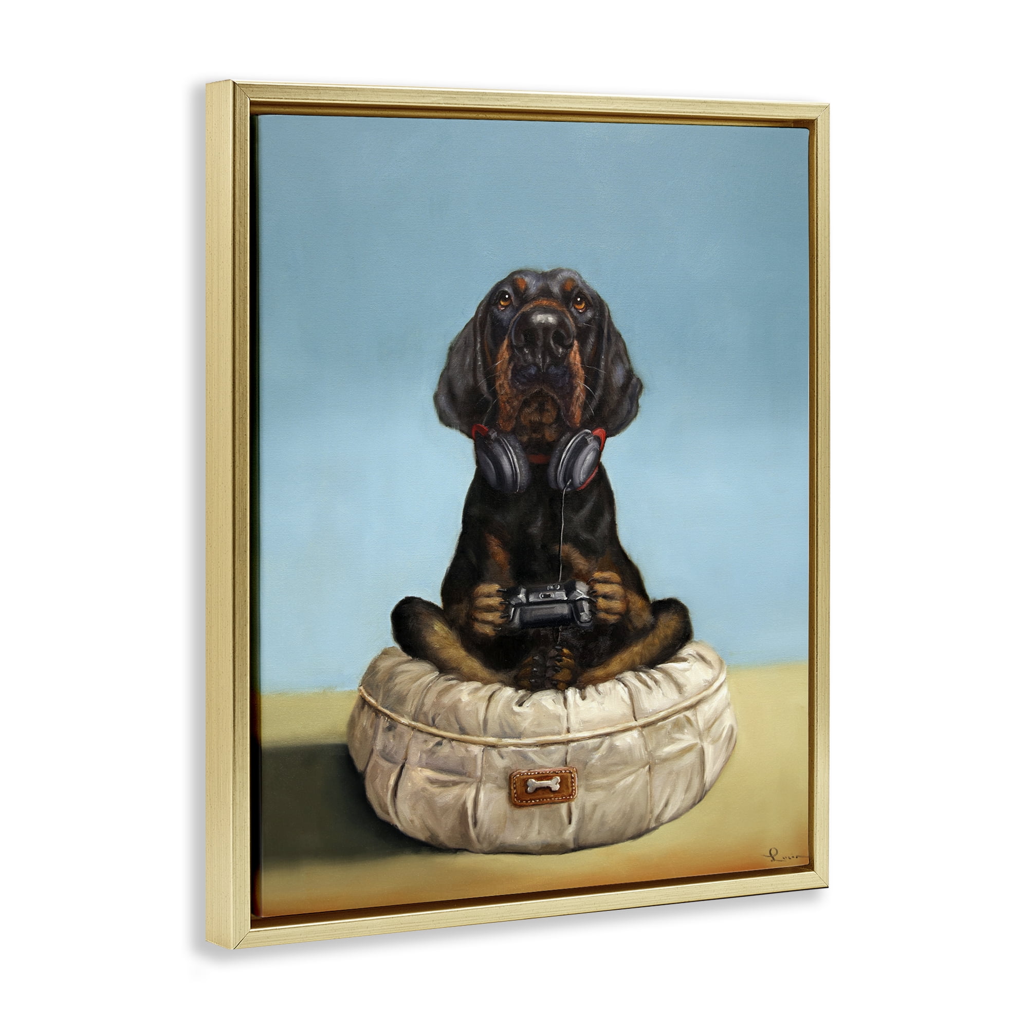 Stupell Industries Game Boy Playing Dog Gold Framed Floater Canvas Wall Art, design by Lucia Heffernan