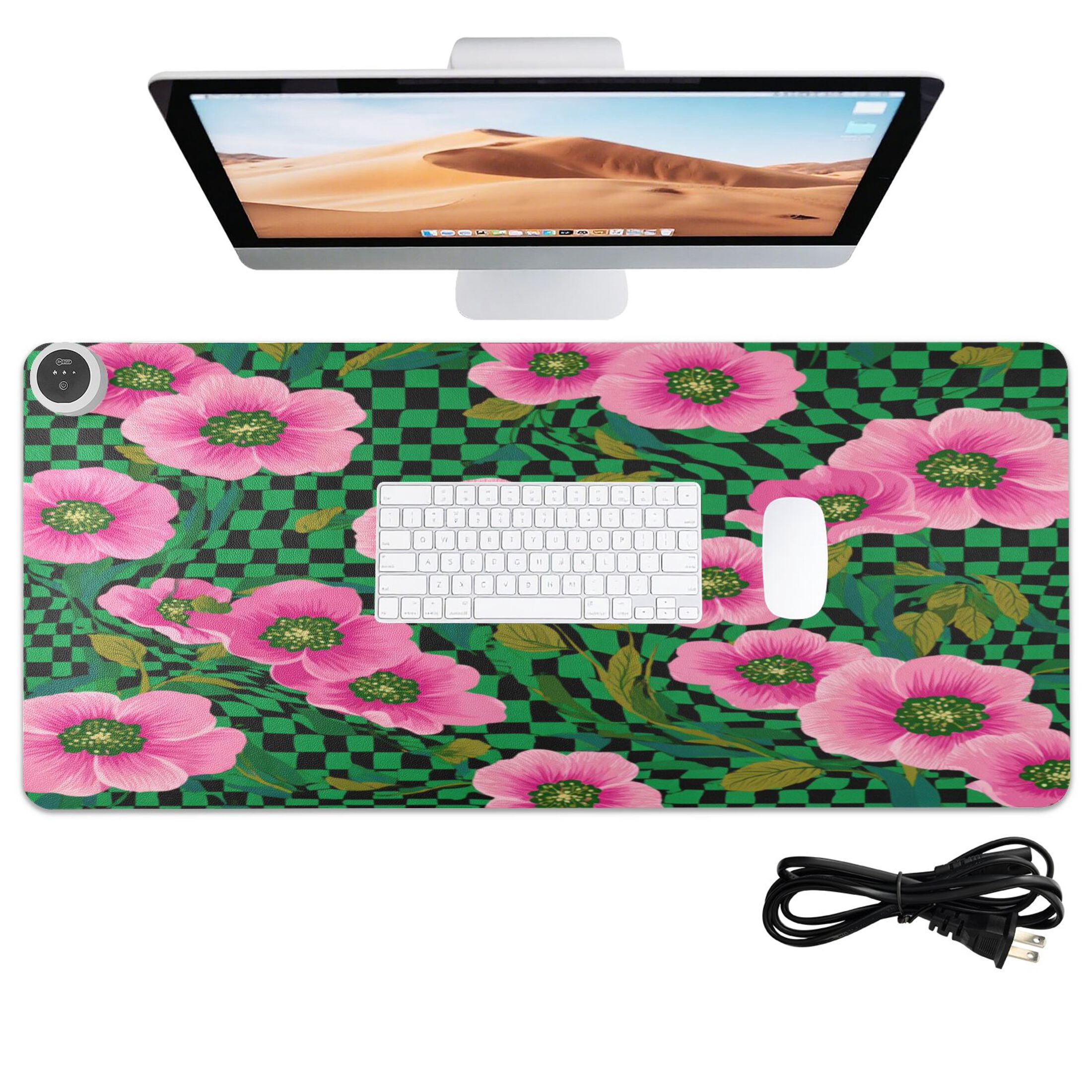 Large Heated Desk Mat Mouse Pad 31.5"x13"PU Leather Graphene Heating Desk Warmer with 3 Temperature Settings 110V US Plug Non-Slip Warm Pad for Home, Office, and Gaming Groovy Green and Pink Flowers
