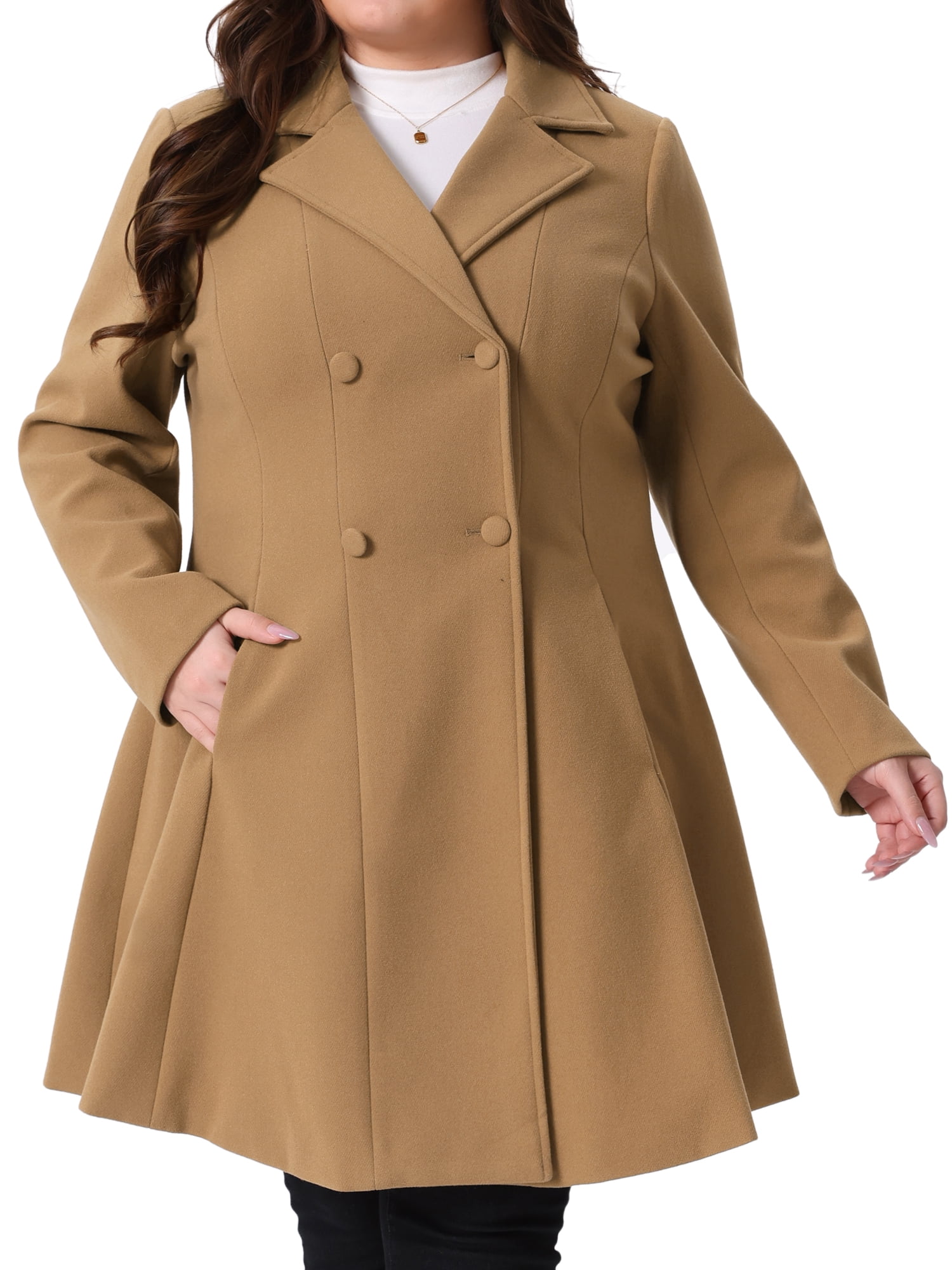 DARING DIVA Women's Plus Size Notch Lapel Double Breasted A Line Peacoat 1X Camel