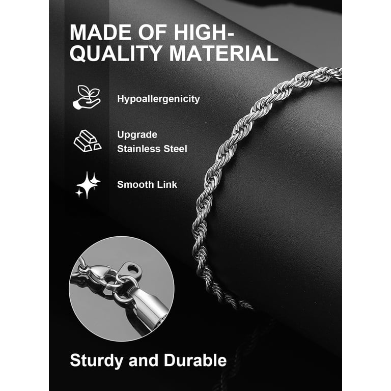 ChainsProMax Men Rope Chain Bracelet, 3mm Width, 21CM, 316L