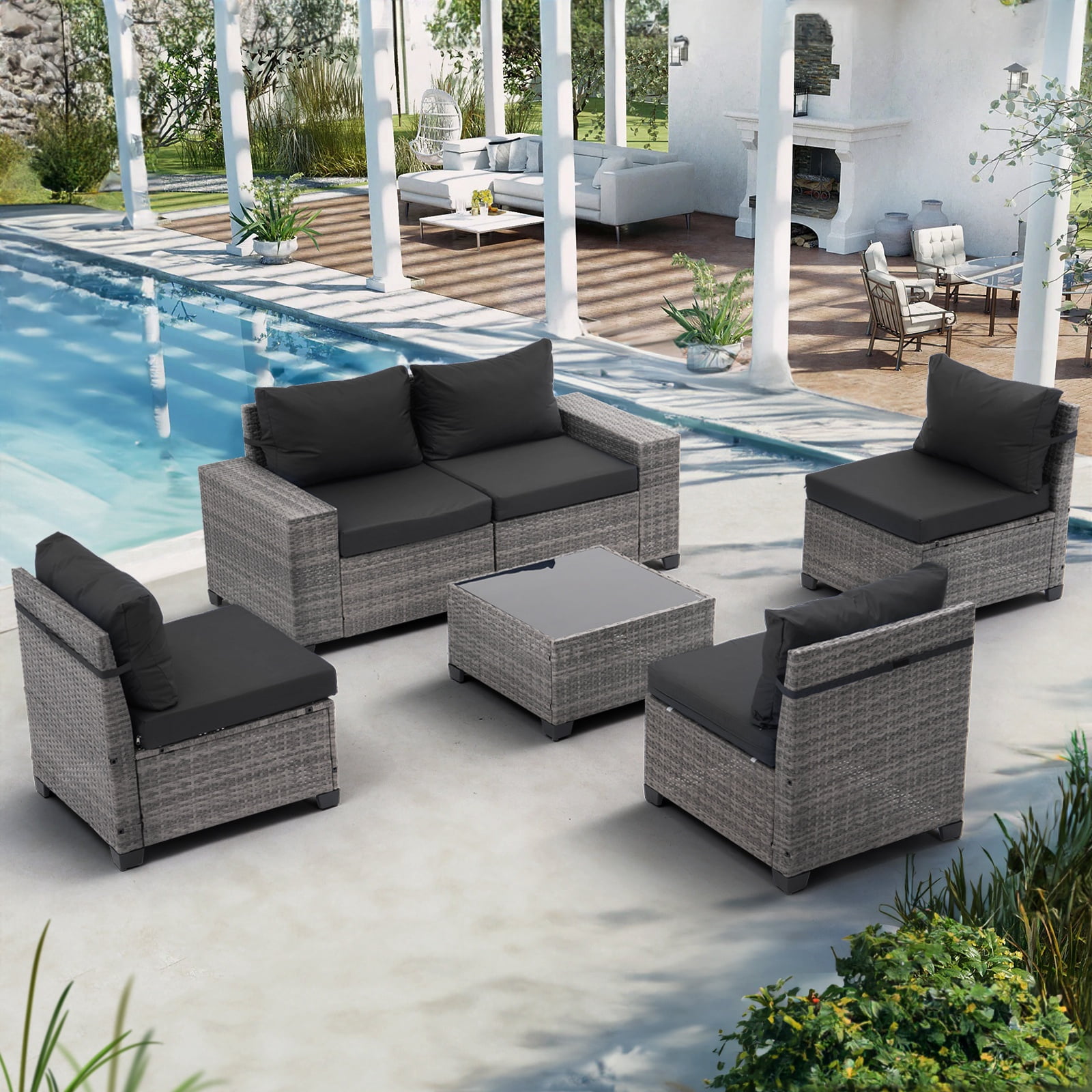 JOIVI 6 Pieces Patio Furniture Set with Coffee Table, Outdoor Wicker Rattan Sectional Sofa Conversation Set with Wide Armrest for Deck, Porch, Yard, Black