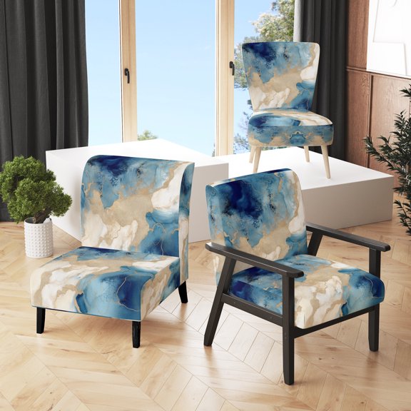 Designart "Serene Blue and Gold Marble Clouds XI" Blue Marble Upholstered Accent Chair - Modern Arm Chair For Living Room