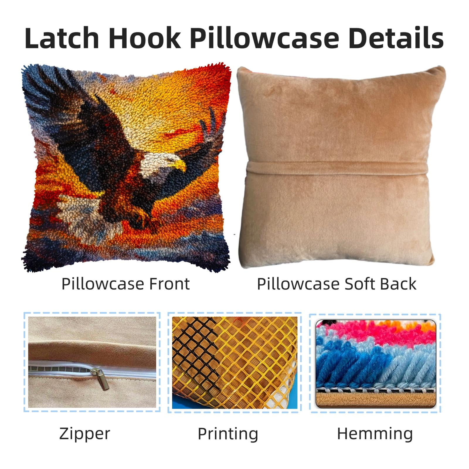 Flying Eagle in Red Cloud Sky DIY Latch Hook Pillow Kits for Adults Printed Pillowcase Crochet Yarns Hooking Handmade Pillow Cover Cushion for Home Sofa Decoration 17x17inch(2)