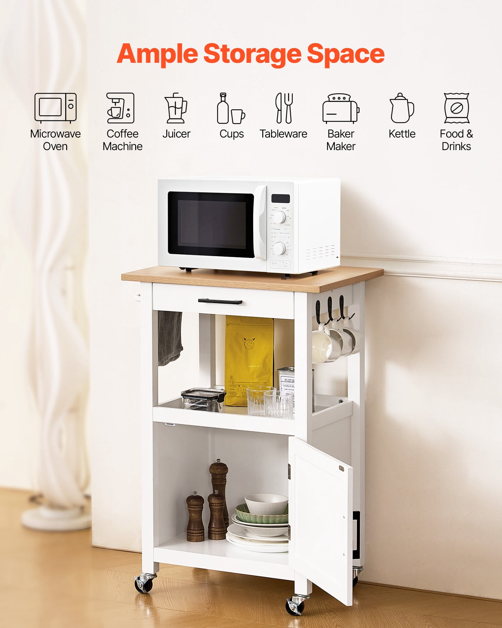 VEVOR Kitchen Island Cart with Single Door Cabinet, Mobile Carts with Drawer, Towel Rack, Hooks, Portable Table on Swivel Wheels,Small Coffee Islands Microwave Stand for Dining Room,18x23 in,White