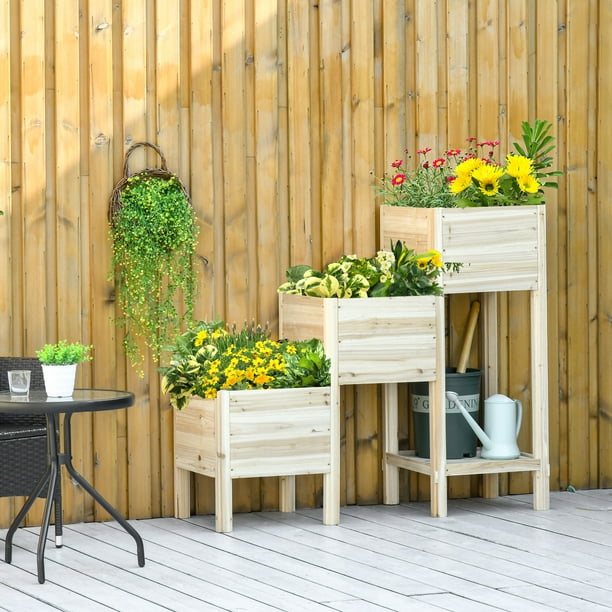 Outsunny - Lit de jardin surélevé à 3 niveaux avec étagère de rangement,  kit de jardinière surélevée en bois pour l'extérieur, support de plante en  bois autoportant pour légumes, herbes et fleurs. 
