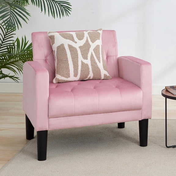 LAZZO Mid-Century Tufted Fabric Accent Chair, Modern Upholstered Armchair for Living Room Bedroom Office, Pink