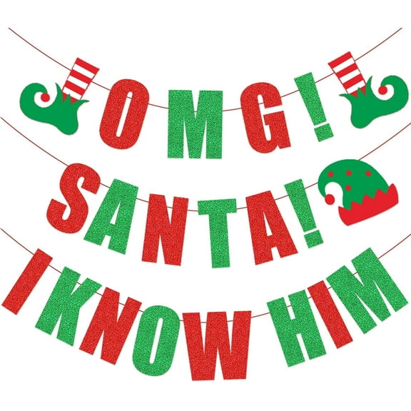 Christmas The Elf Movie Decorations, OMG Santa I Know Him Banner Red Green Glitter, Buddy The Elf Party Decor, Let's Get Elfed Up Party Decor, Buddy The Elf Christmas Mantle Home Decorations